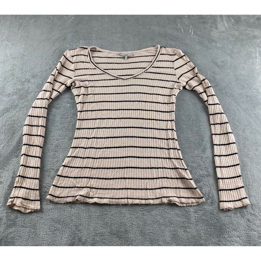 BKE Womens Long Sleeve Striped‎ Thermal Knit V Neck Top Size L Beige Black